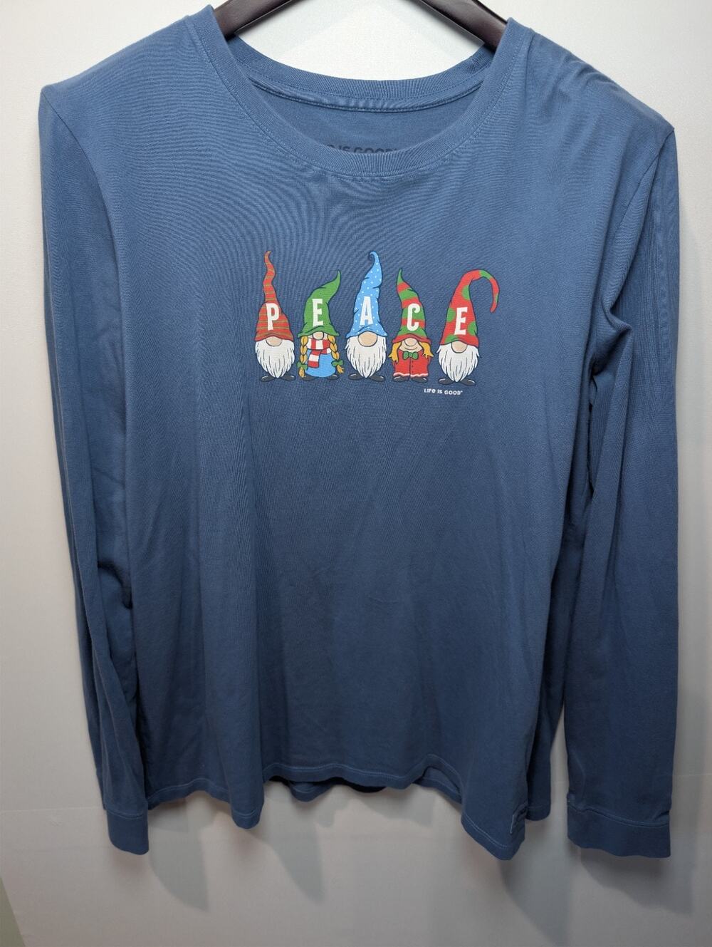 Life is Good Crusher Tee Women's XL Gnomes Peace Long Sleeve Blue Classic Fit